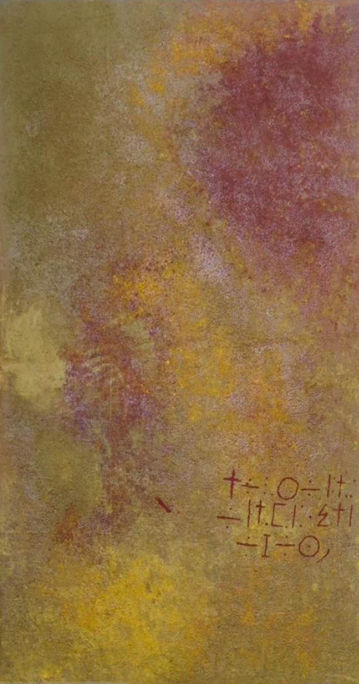 Aichata — toile aux tons dorés et roses avec écriture Tifinagh, 140x80cm